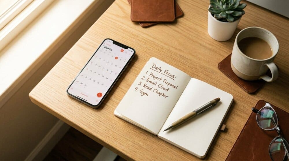 Phone security checklist notebook beside smartphone