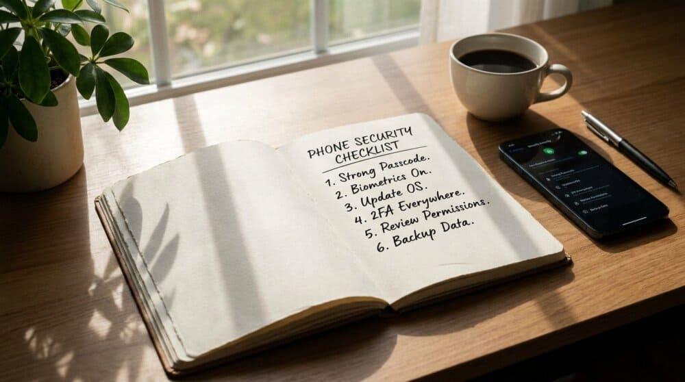 Phone security checklist notebook beside smartphone for spy app prevention