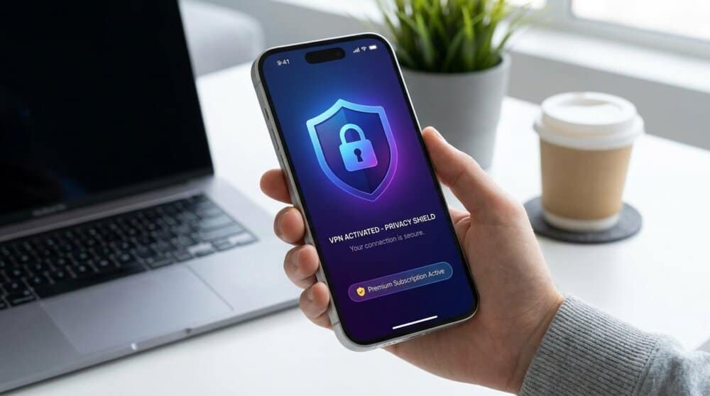 iPhone showing Proton VPN privacy shield with premium editorial style