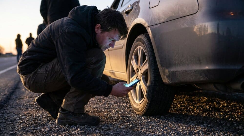 Person scanning car wheel well for hidden AirTag or Bluetooth tracker