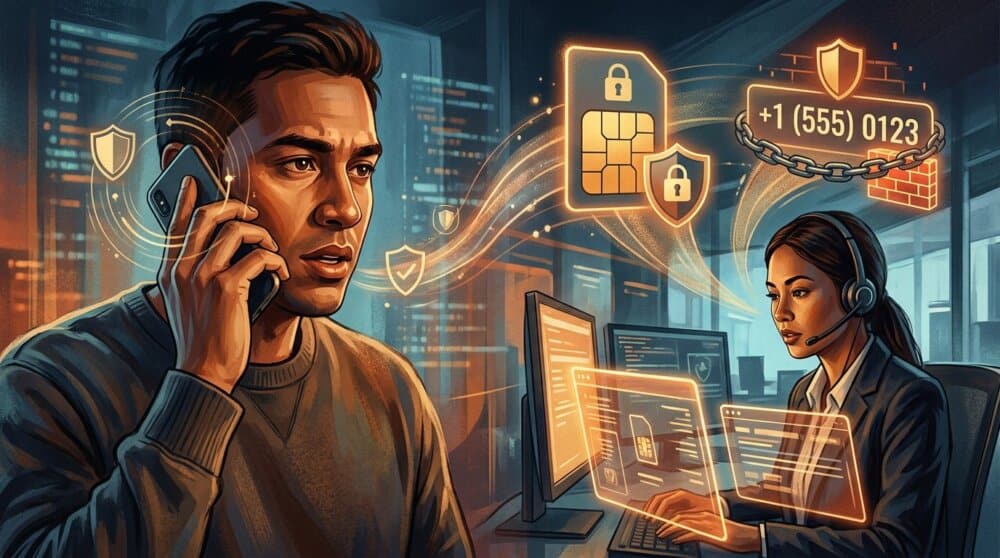 Person on phone with mobile carrier customer service illustrating SIM swap protection process