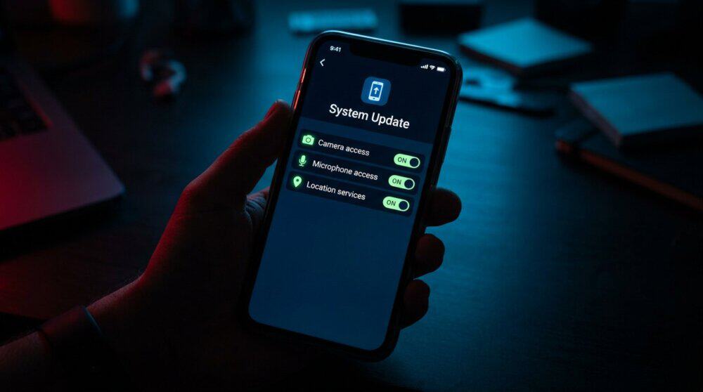 Smartphone showing a spy app with camera, microphone, and location permissions enabled