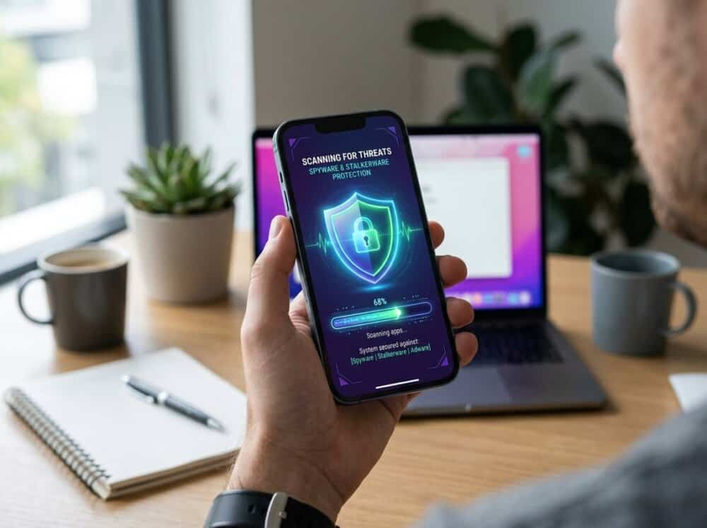 A person holding a smartphone displaying a shield icon and security scanning graphics on the screen over a blurred office desk background.