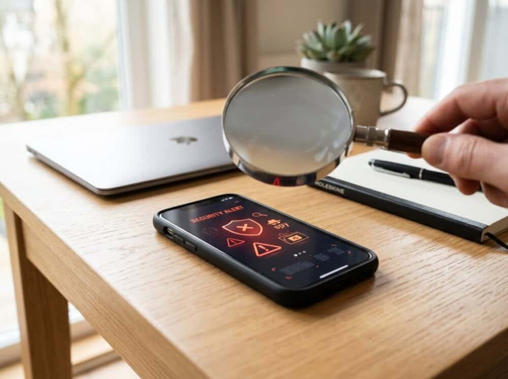 A smartphone on a desk with a magnifying glass over the screen, surrounded by office items.