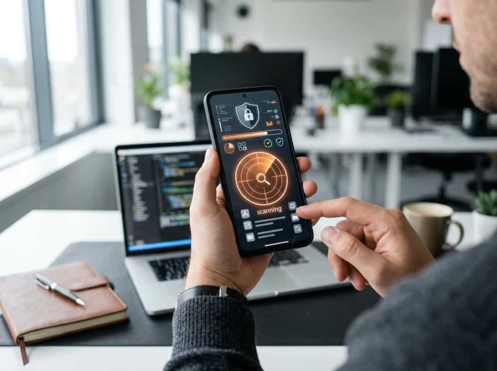 A person holding a smartphone displaying a security app interface in a modern office setting with a laptop and notebook on the desk.