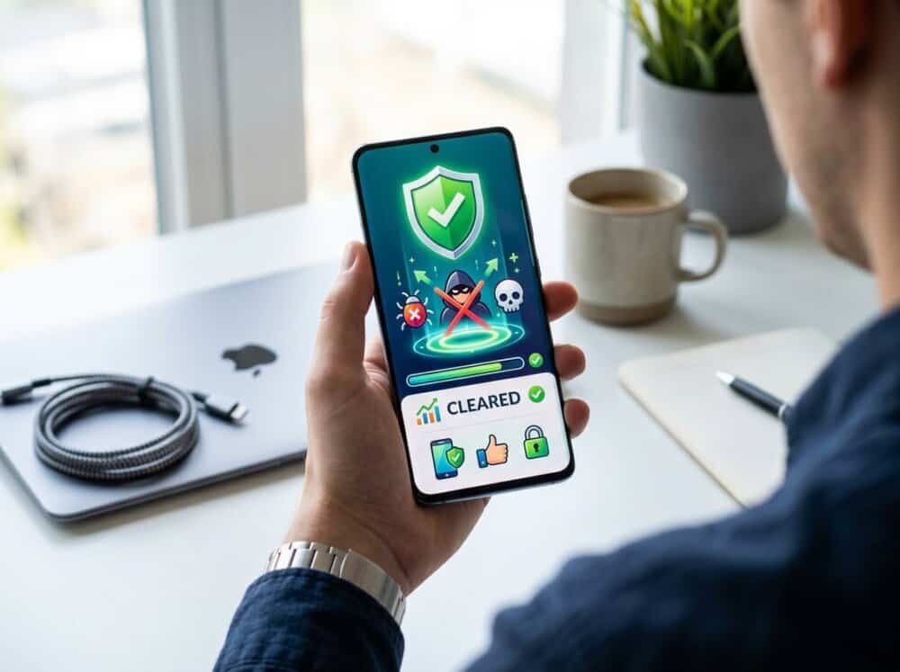 A person holding an Android smartphone showing a security app interface with scan results, set against a clean workspace with tech accessories.