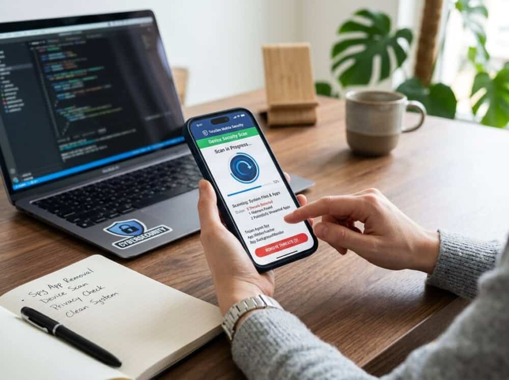 A person using an iPhone on a desk with a security app open, indicating the removal of spy apps.