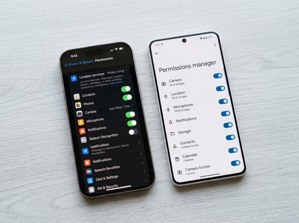 Two smartphones showing app permissions settings screens, one iPhone and one Android, on a neutral background.