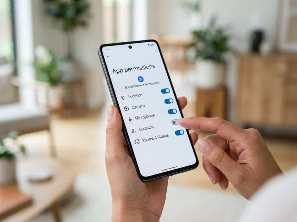 Close-up of a person holding a smartphone and reviewing app permissions on the screen.