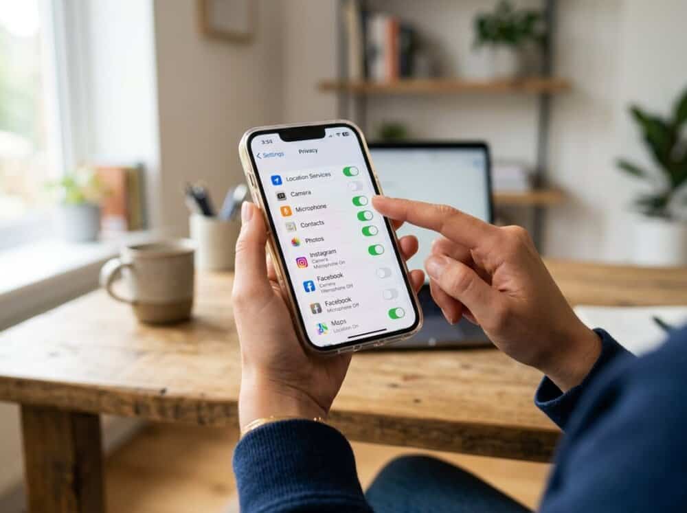 A person holding an iPhone displaying app permissions settings on the screen.