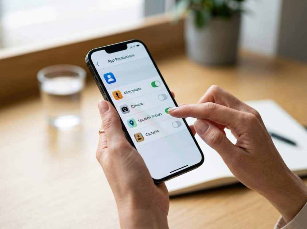 Close-up of hands using a smartphone to manage app permissions for microphone, camera, and location access.