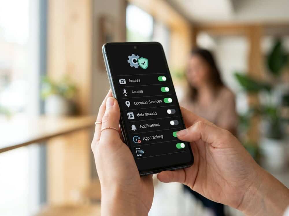 A person holding a smartphone showing app permission and privacy settings on the screen.