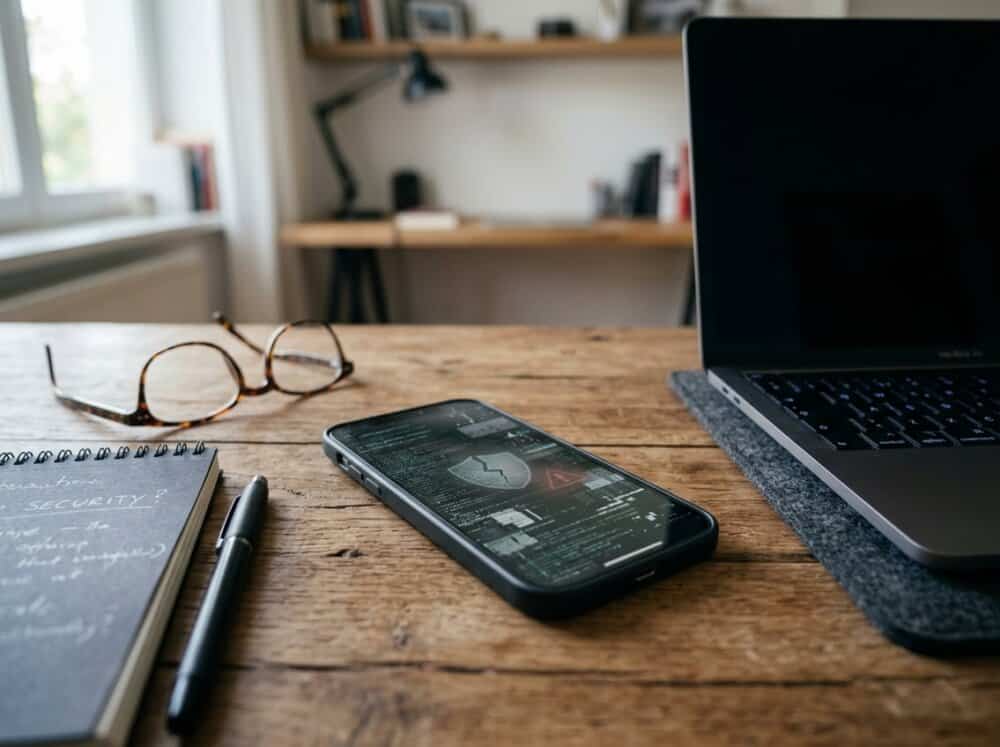 A smartphone on a desk with subtle digital effects on the screen, surrounded by office items like glasses, a notepad, and a laptop.