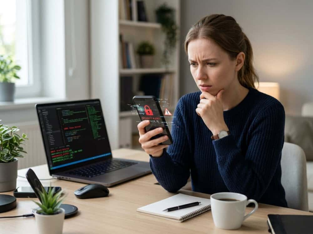 A person sitting at a desk looking worried while holding a smartphone with warning signs on the screen, with a laptop showing security alerts in the background.