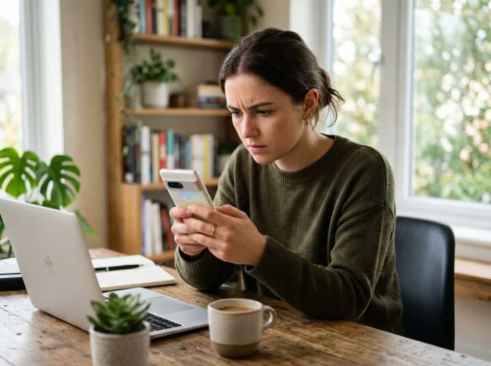 A person closely examining their smartphone in a modern indoor workspace with a laptop and notebook nearby.