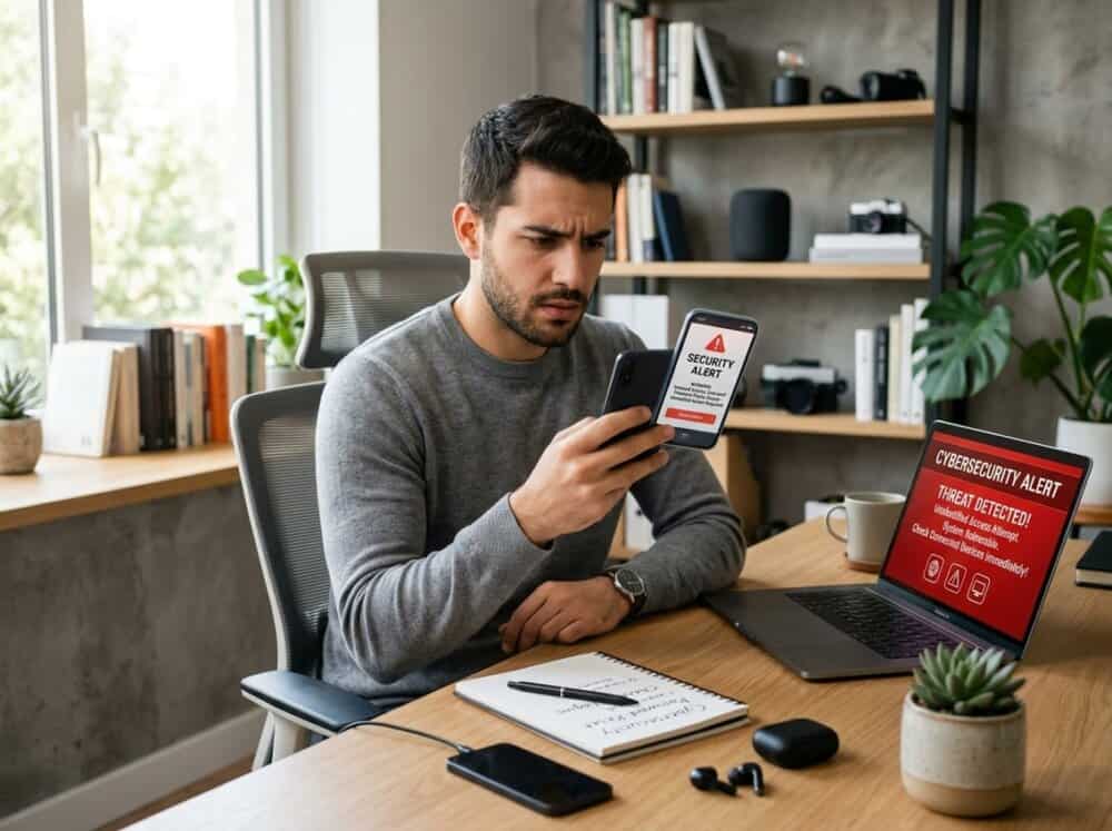 A young adult sitting at a desk looking worriedly at their smartphone with a laptop showing a cybersecurity alert nearby.