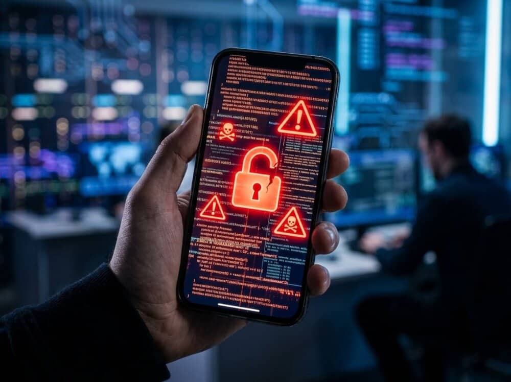 Close-up of a smartphone held in a hand with digital code and warning icons on the screen, set against a dark tech-themed background.