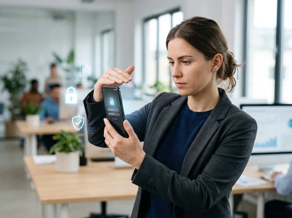 Person holding a smartphone with one hand while shielding the screen with the other, surrounded by faint digital security icons in a bright workspace.