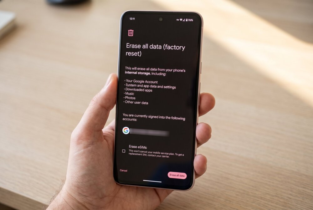 Android Erase all data factory reset confirmation screen
