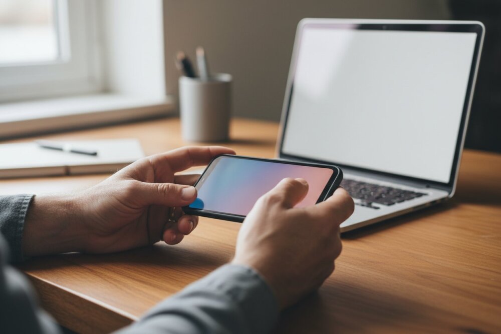 Man checking his device list and account settings on phone and laptop