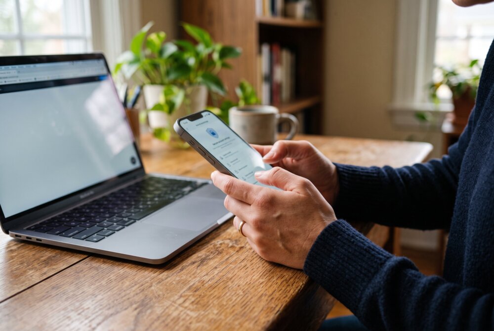 Hands holding a smartphone at a desk while reviewing account security