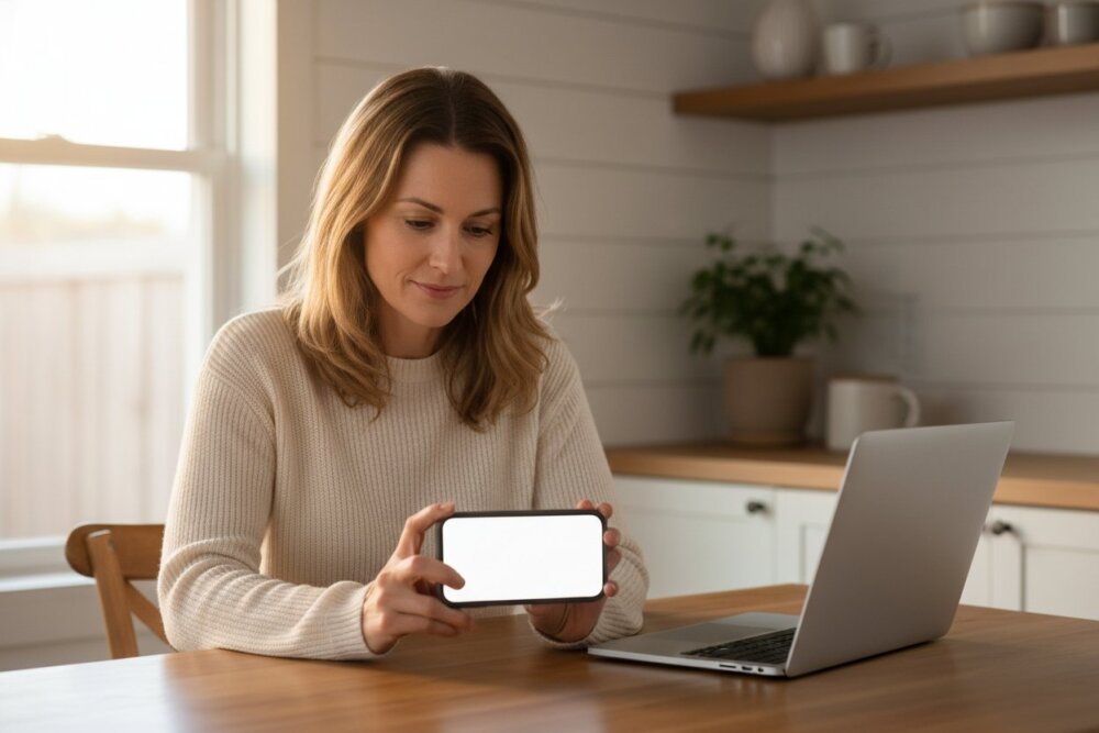 Woman reviewing her iPhone security settings at a kitchen table