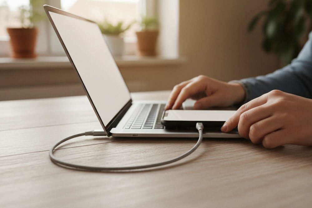 Hands connecting a phone to a laptop to back it up before a reset