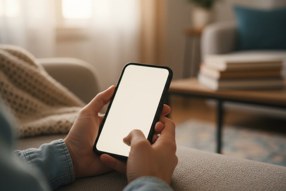 Person holding a smartphone on a couch before a factory reset