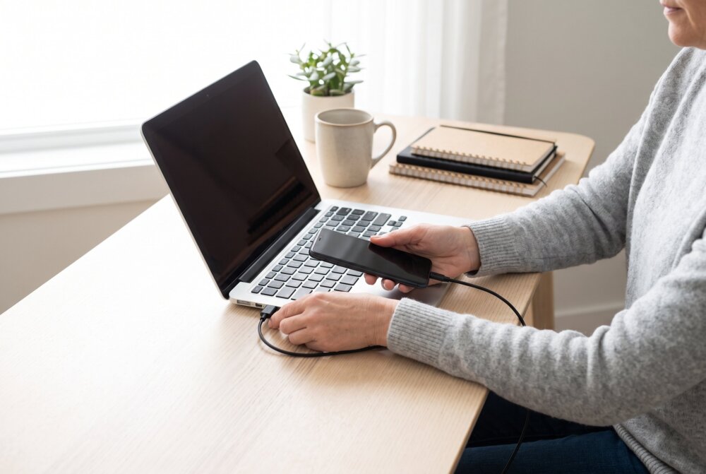 Person connecting a smartphone to a laptop to back up files before a reset