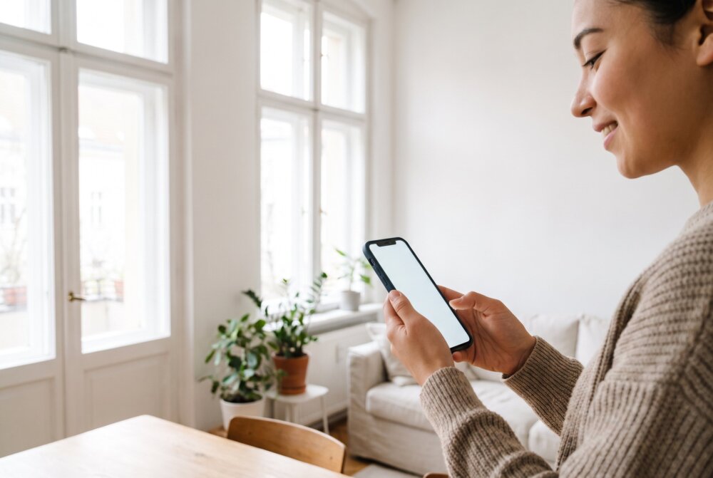 Person holding a smartphone by a window in bright morning light, a fresh start