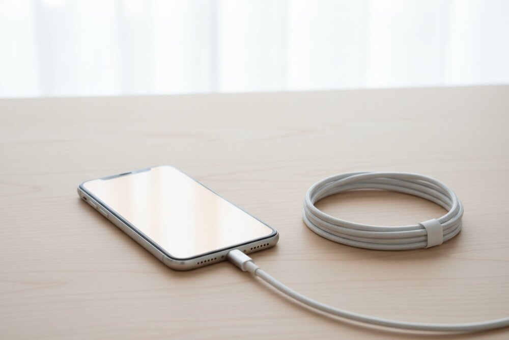 A freshly reset smartphone on a desk next to a charging cable