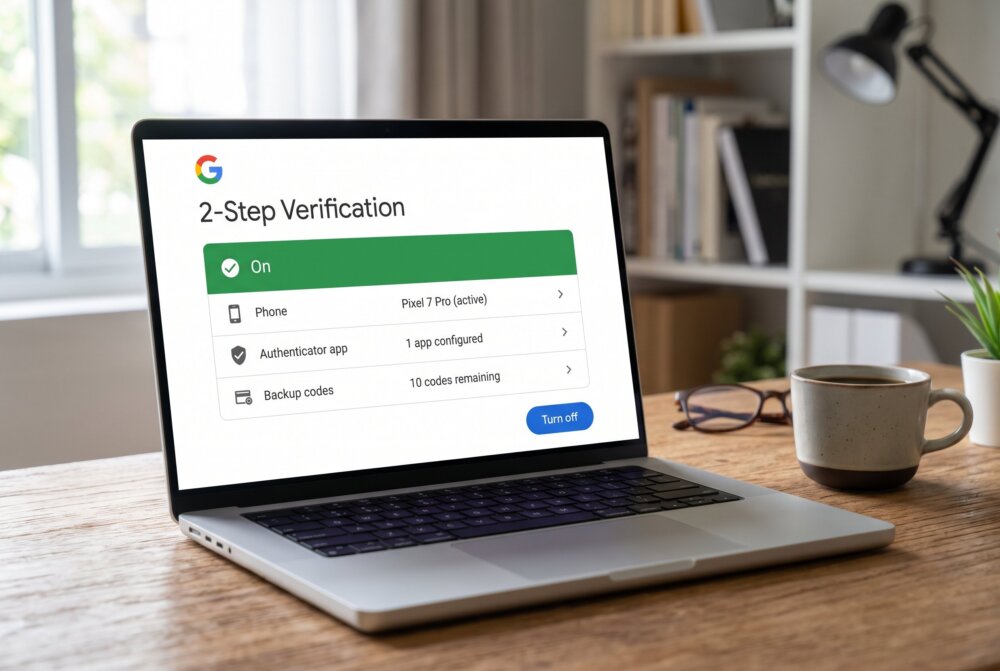 Google 2-Step Verification settings page showing status On with phone, authenticator app, and backup codes