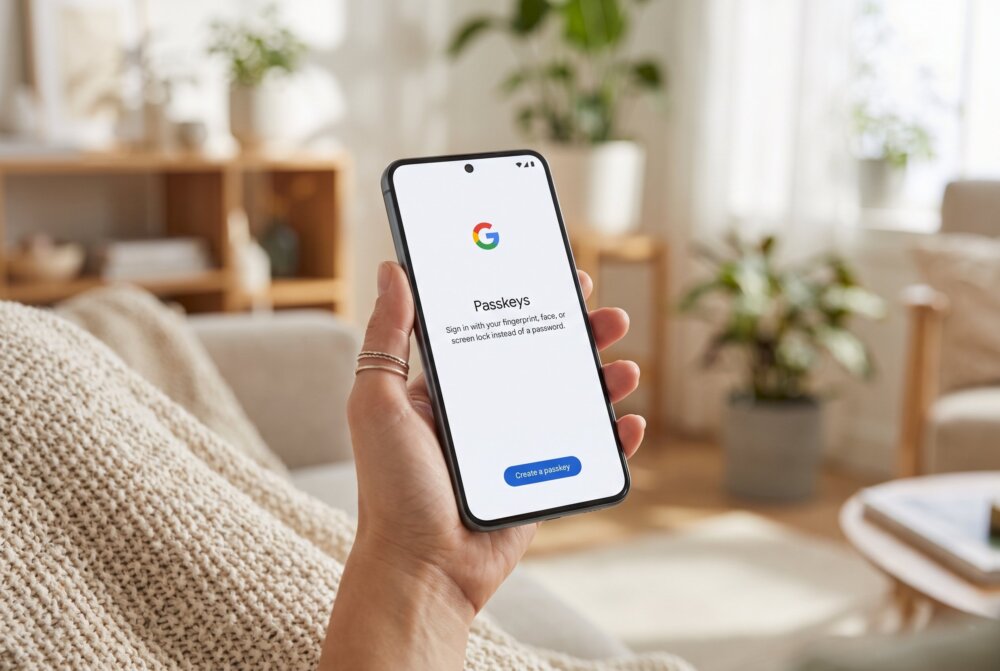 Google Account passkey setup screen on a phone with a Create a passkey button