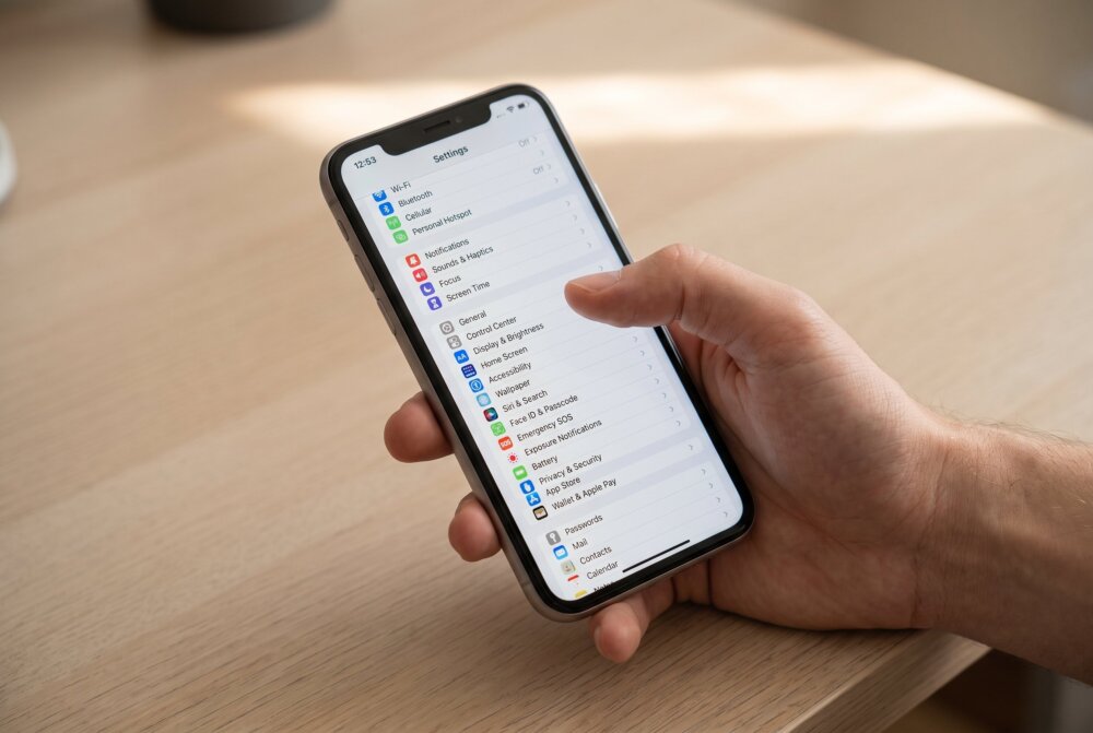 iPhone Settings screen open on the main list