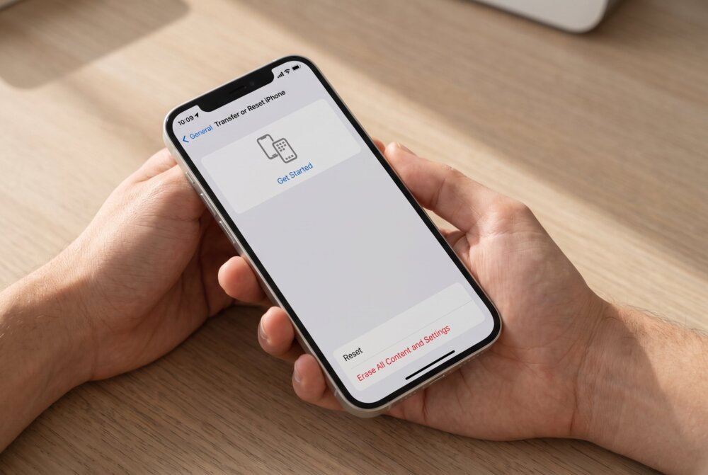 iPhone Transfer or Reset screen with Erase All Content and Settings