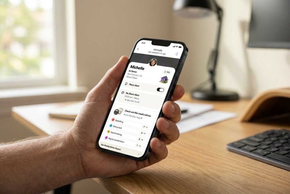 The Life360 individual driver report screen listing top speed, hard braking, and phone use for a trip