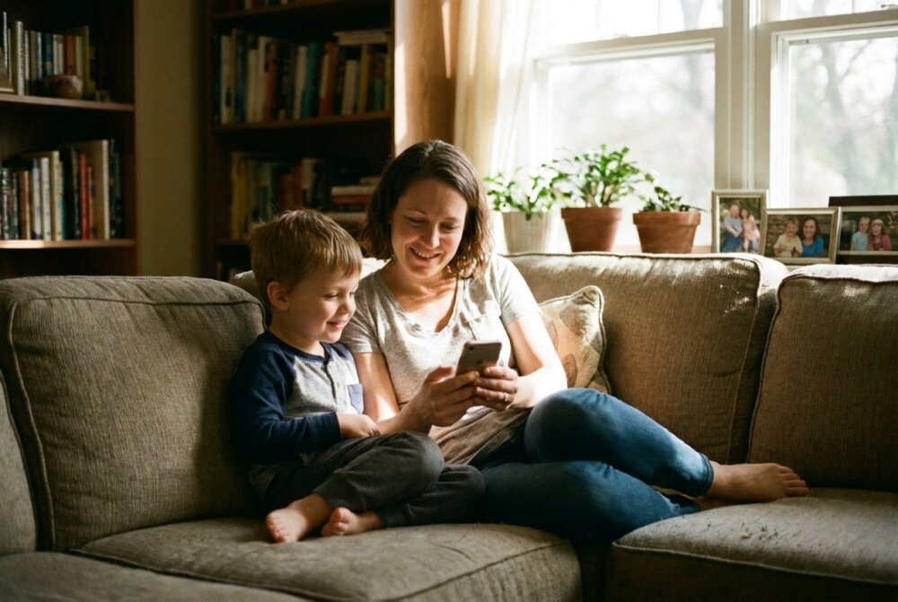 A mother and her young son sit together on a couch looking at a smartphone