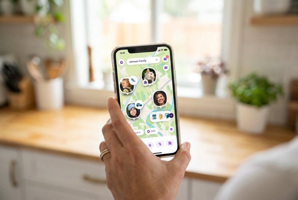 The Life360 app showing a family's live location map with member markers inside a Circle