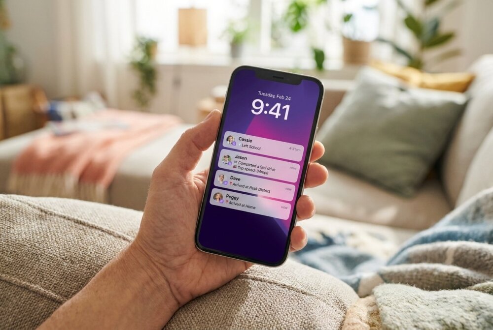Life360 place alerts showing arrival and departure notifications for a family member