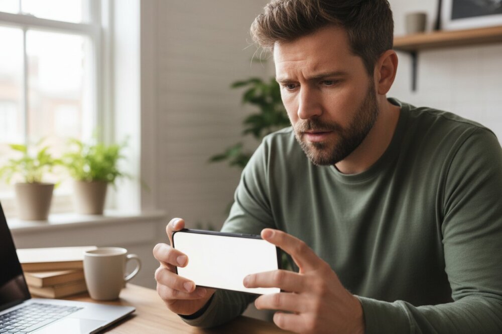 Man noticing his phone feels warm while using it at a desk