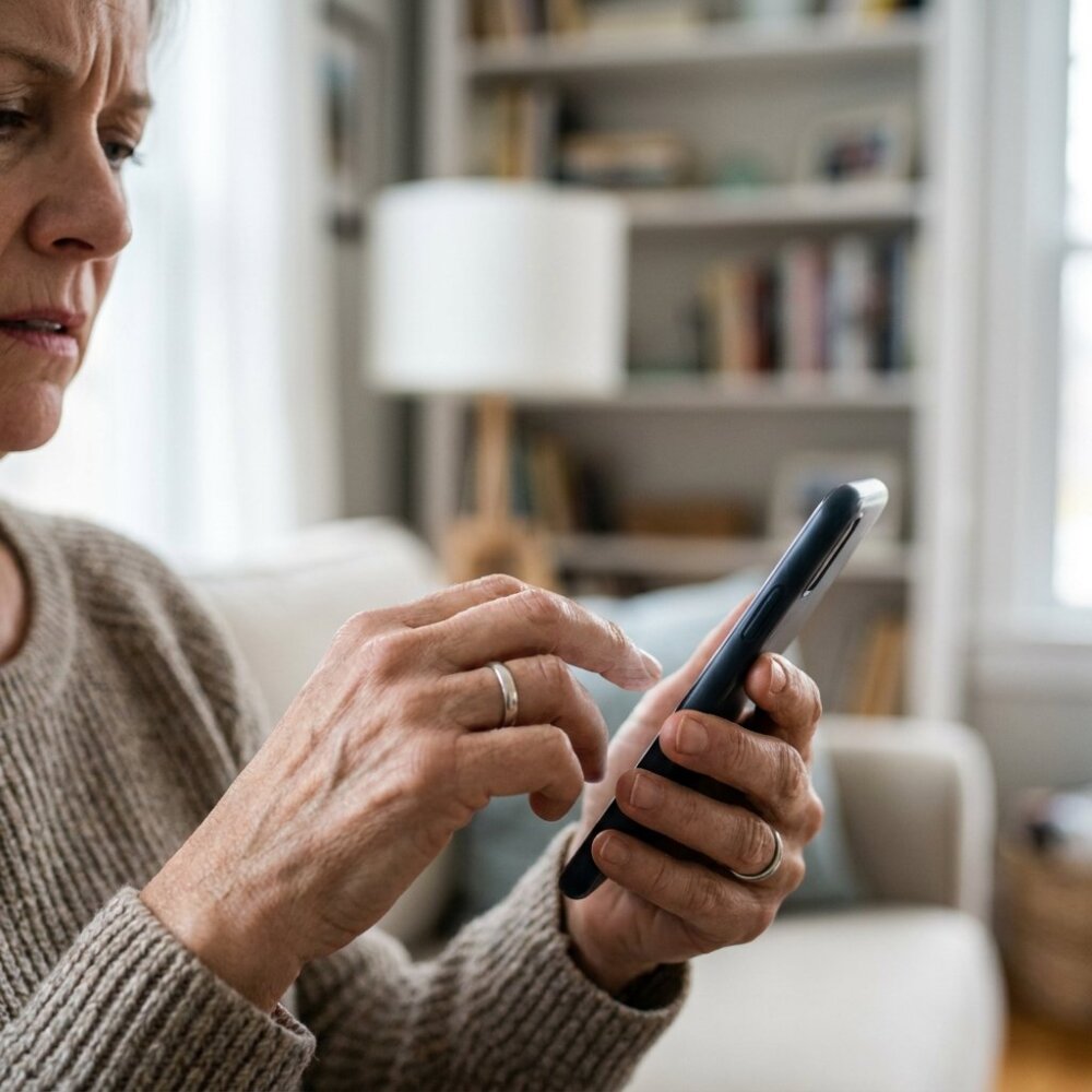 Woman checking her smartphone carefully with a concerned expression