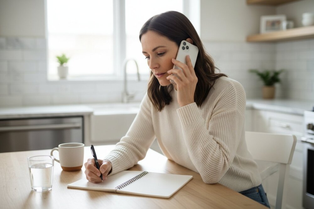 Woman calling for help and taking notes about her phone
