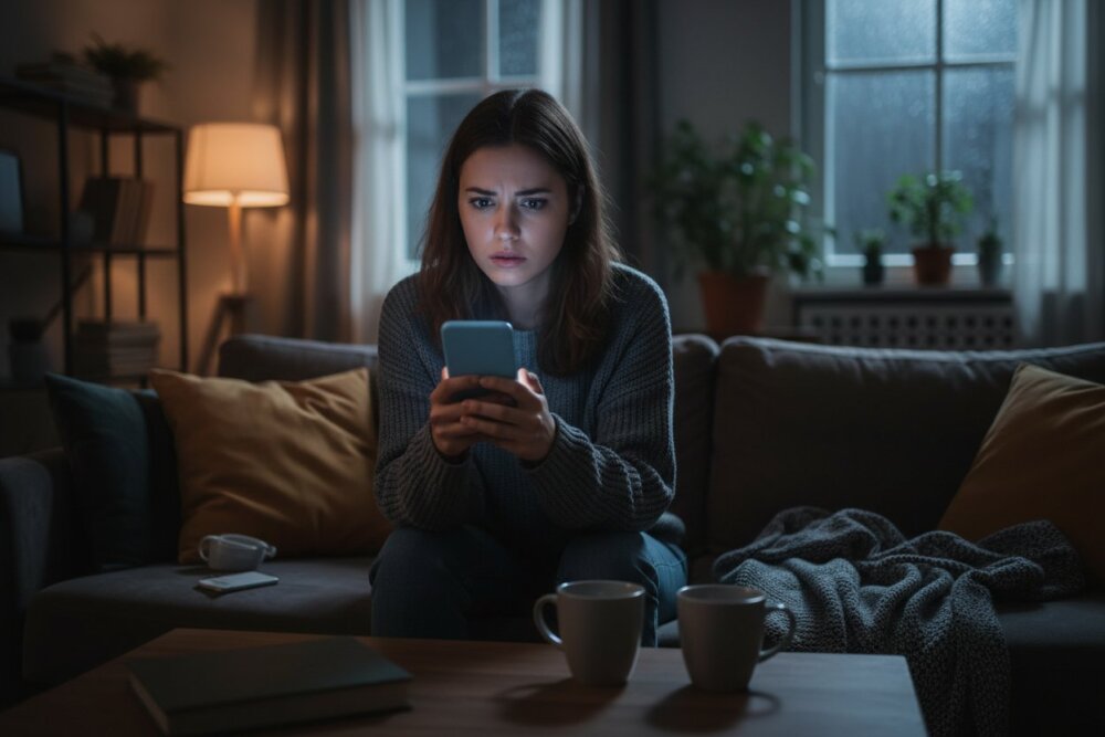 Worried woman looking at her glowing phone screen at night