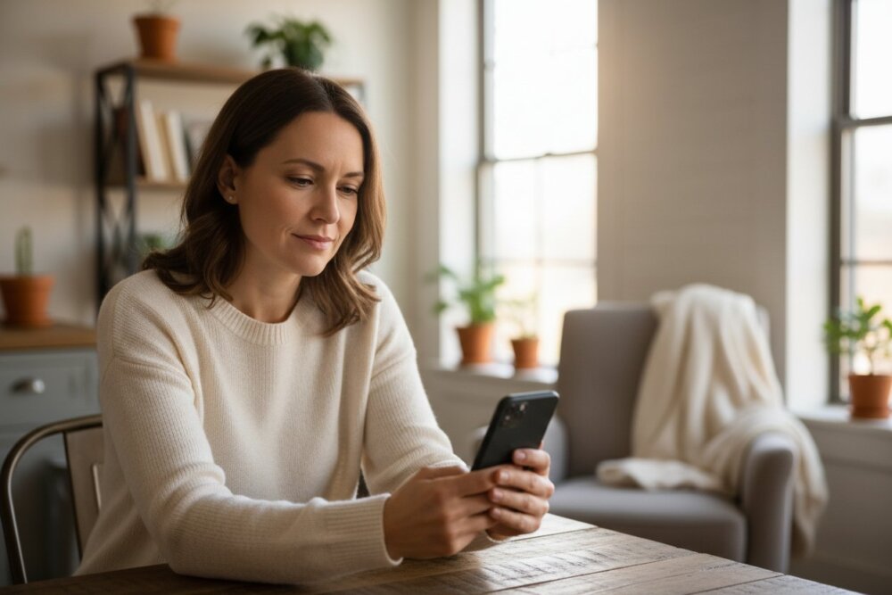 A woman sitting calmly at a kitchen table holding her phone, thinking through a technology safety plan