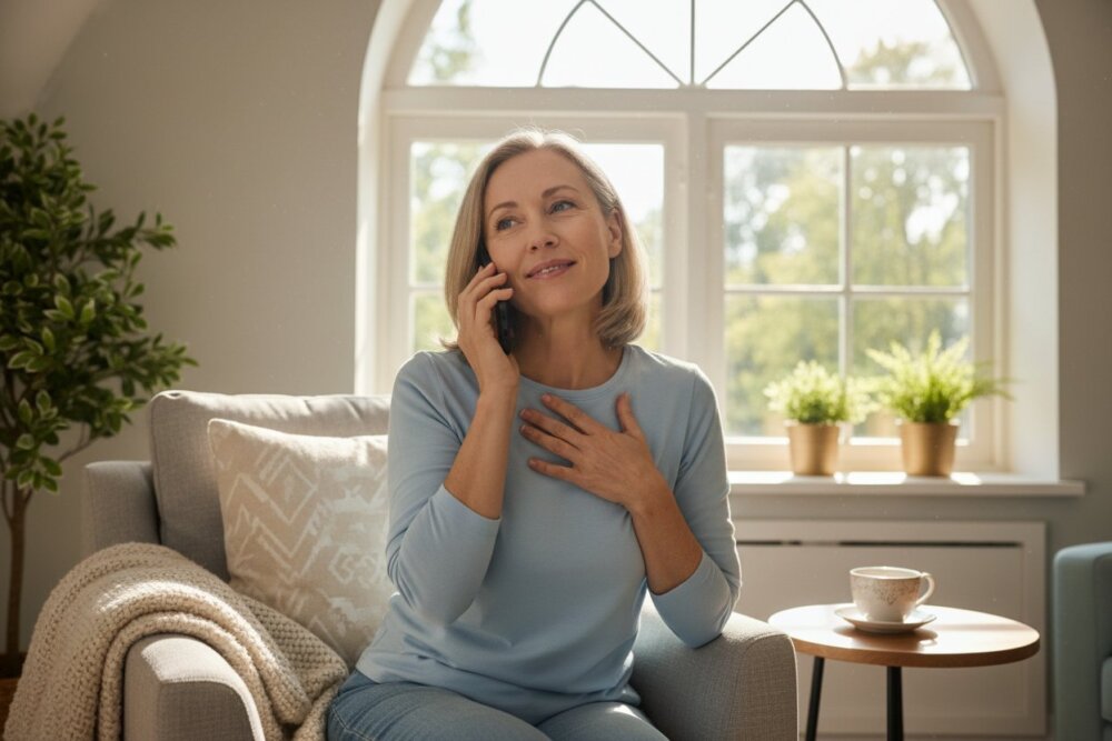 A woman making a confidential phone call to get help from a domestic violence advocate