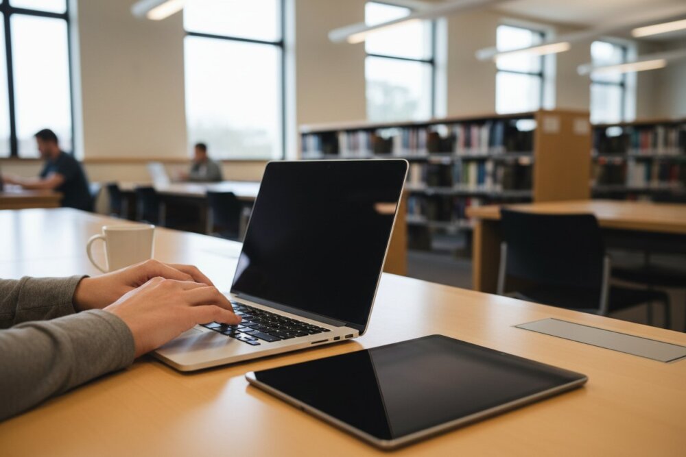 A person using a separate library computer as a safe device the other person does not control