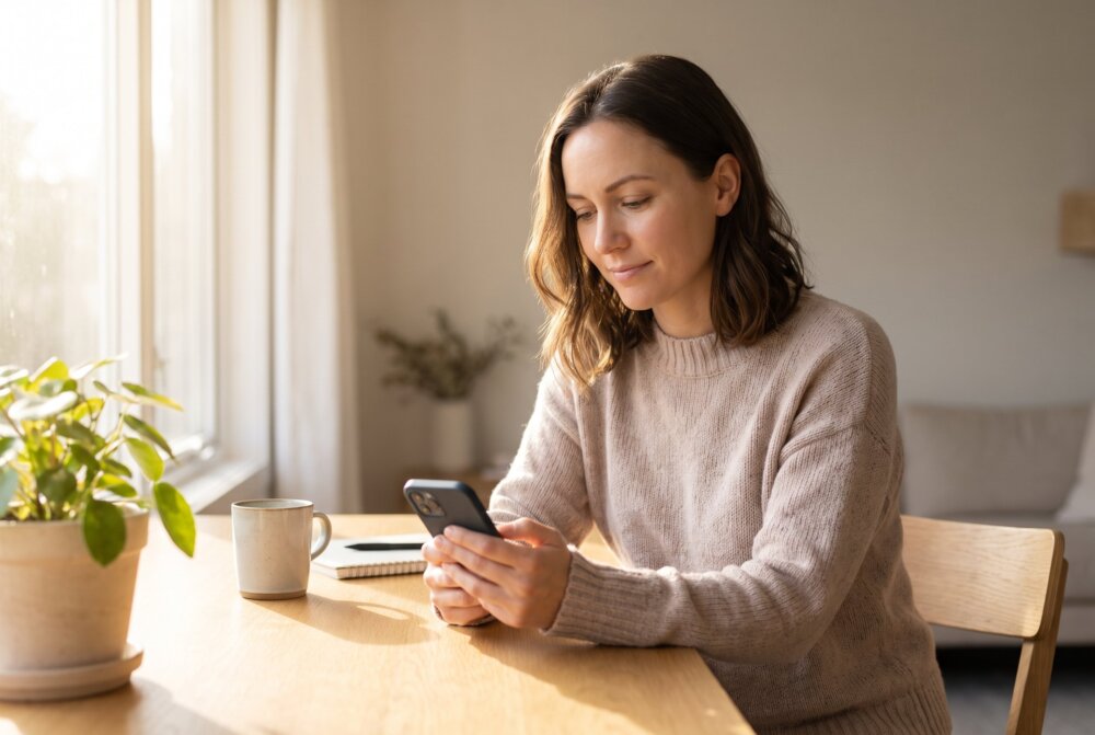 Woman reviewing Apple ID security settings on her smartphone at home