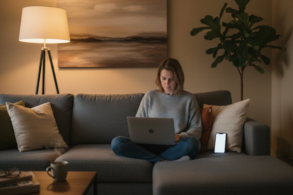 A person on a couch reviewing their Google account security on a laptop and phone