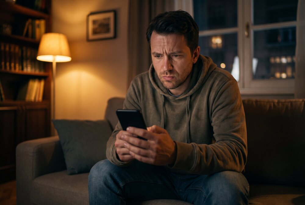 Man looking worried at his smartphone in a dim room at night