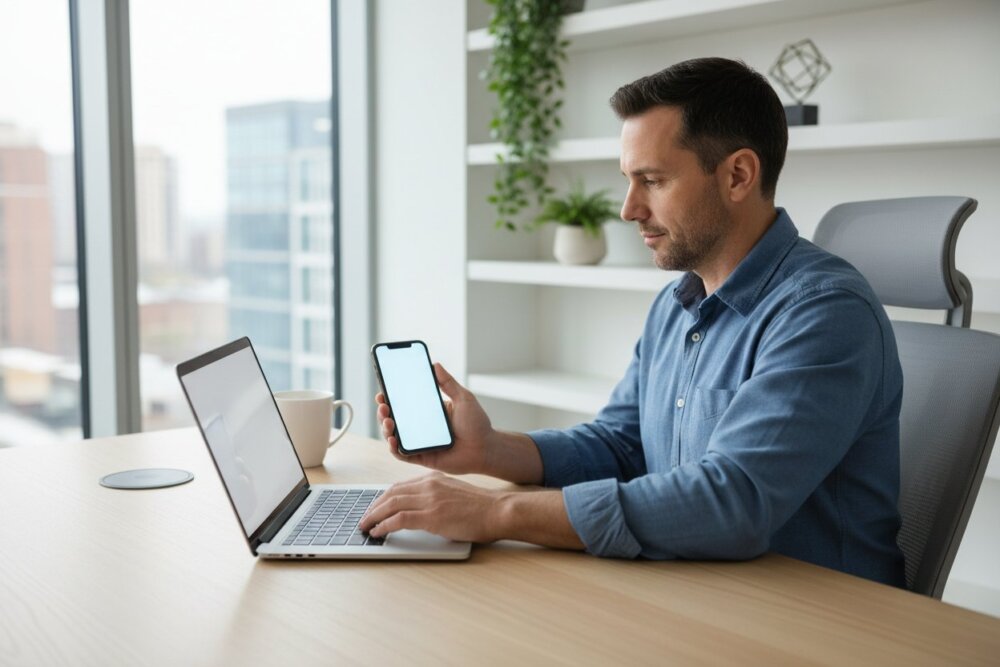 A man using a phone and laptop together to lock down his carrier account against SIM swapping